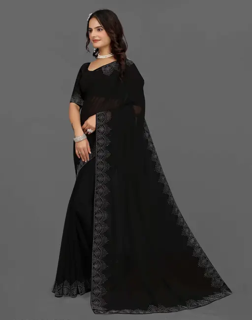 Diamond & Hotfix Stone Work Georgette Black Saree with Blouse Piece – Bollywood Lace Border Party & Wedding Wear