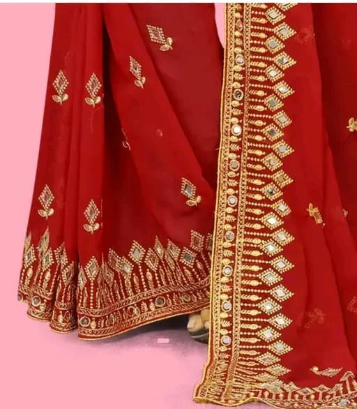Designer Embroidered Mirror Work Maroon Saree for Women – Elegant Festive & Party Wear Saree with Blouse Piece