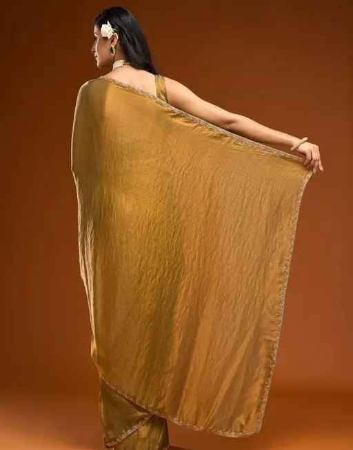 Chiffon Saree with Beads – Elegant Plain Saree with Lace Border for Haldi & Party Wear