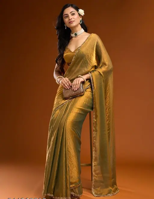 Chiffon Saree with Beads – Elegant Plain Saree with Lace Border for Haldi & Party Wear