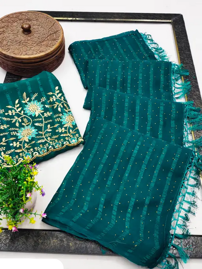 Bollywood Style Chiffon Blue Saree with Separate Embroidered Blouse Piece – Elegant Party & Festival Wear