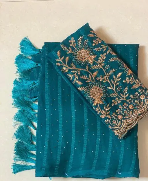 Bollywood Style Chiffon Blue Saree with Separate Embroidered Blouse Piece – Elegant Party & Festival Wear