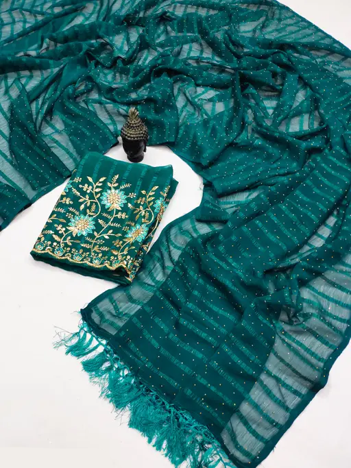 Bollywood Style Chiffon Blue Saree with Separate Embroidered Blouse Piece – Elegant Party & Festival Wear