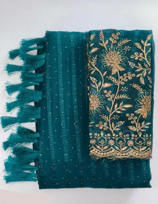 Bollywood Style Chiffon Blue Saree with Separate Embroidered Blouse Piece – Elegant Party & Festival Wear