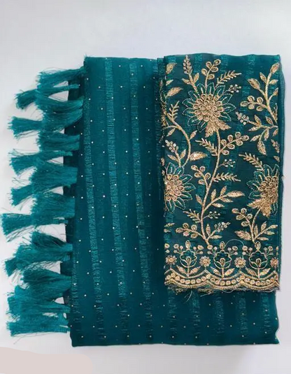 Bollywood Style Chiffon Blue Saree with Separate Embroidered Blouse Piece – Elegant Party & Festival Wear