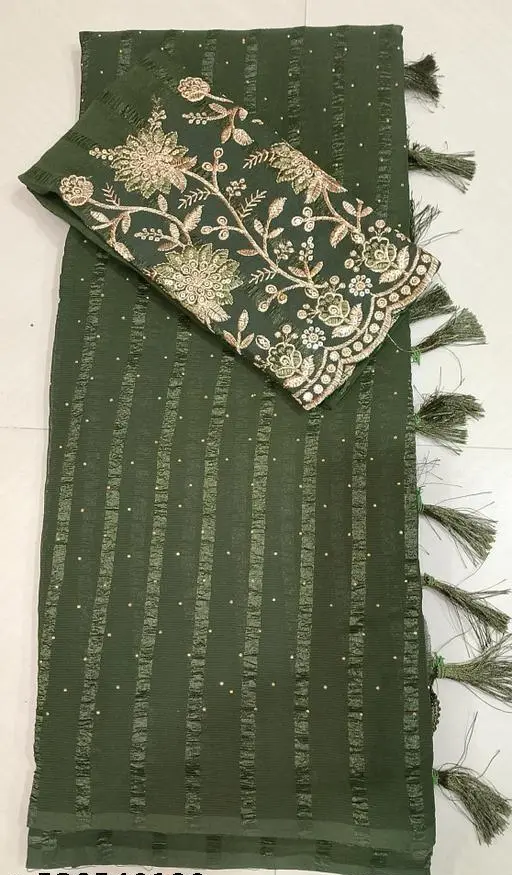 Bollywood Style Chiffon Green Saree with Separate Embroidered Blouse Piece – Elegant Party & Festival Wear (Copy)