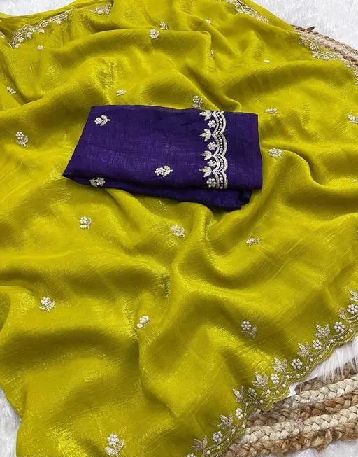 Lemon Yellow Soft Silk Saree with Purple Chiffon Blouse – Embroidered Party & Ethnic Wear