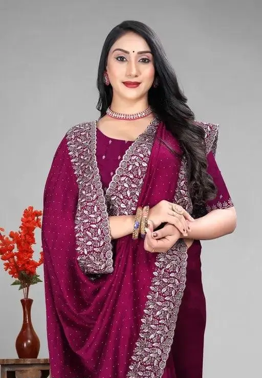 Embroidered Bollywood Vichitra Silk Saree with Diamond & Stone Work – Designer Party & Festival Wear