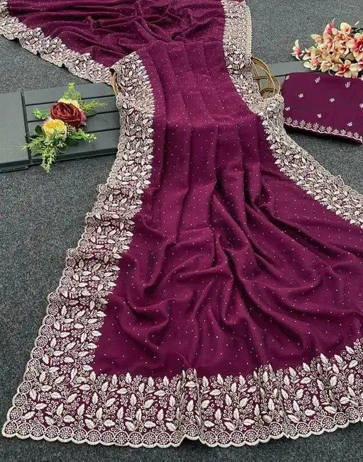 Embroidered Bollywood Vichitra Silk Saree with Diamond & Stone Work – Designer Party & Festival Wear