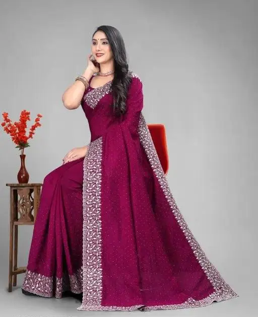 Embroidered Bollywood Vichitra Silk Saree with Diamond & Stone Work – Designer Party & Festival Wear