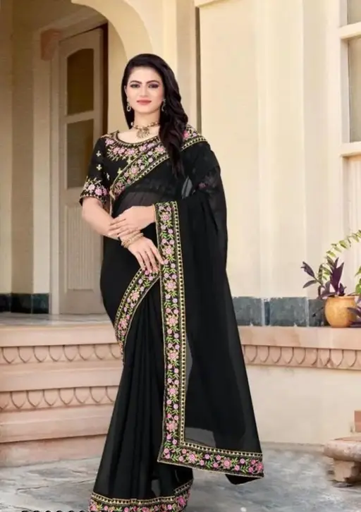 Black Silk-Blend Bollywood Party Saree with Lightweight Blouse – Elegant Festive & Evening Wear