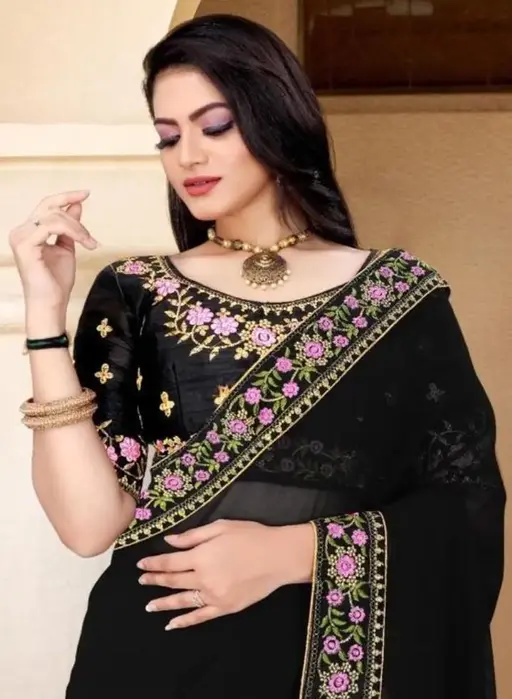 Black Silk-Blend Bollywood Party Saree with Lightweight Blouse – Elegant Festive & Evening Wear