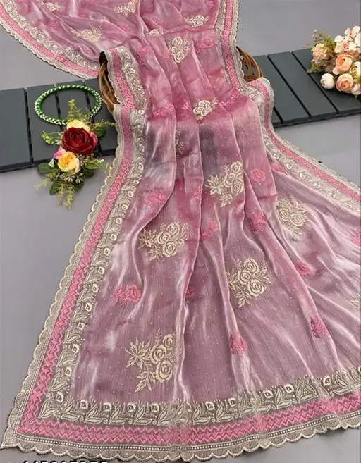 Embellished Organza Jimmy Chu Designer Saree with Running Blouse – Elegant Party & Ethnic Wear