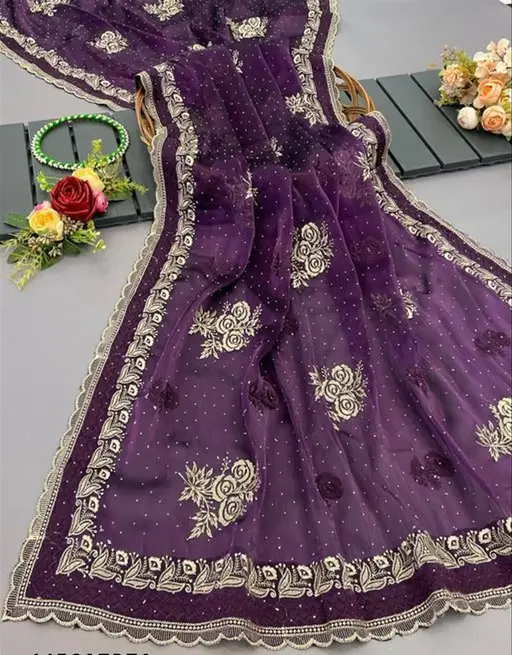 Embellished Organza Jimmy Chu Designer Purple Saree with Running Blouse – Elegant Party & Ethnic Wear (Copy)