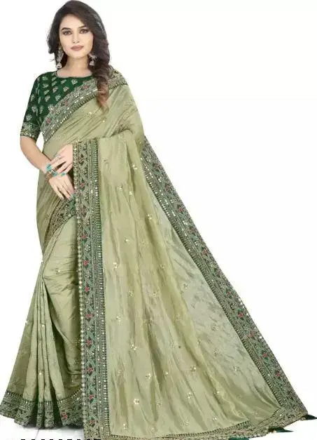 Krisha Fashion Green Vichitra Silk Party Saree with Blouse Piece – Bollywood Designer Festive Wear