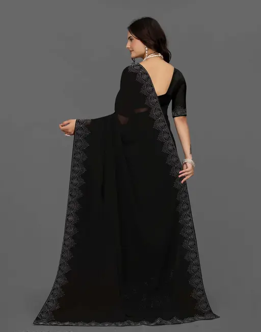 Diamond & Hotfix Stone Work Georgette Black Saree with Blouse Piece – Bollywood Lace Border Party & Wedding Wear