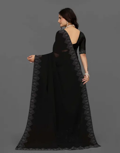 Diamond & Hotfix Stone Work Georgette Black Saree with Blouse Piece – Bollywood Lace Border Party & Wedding Wear