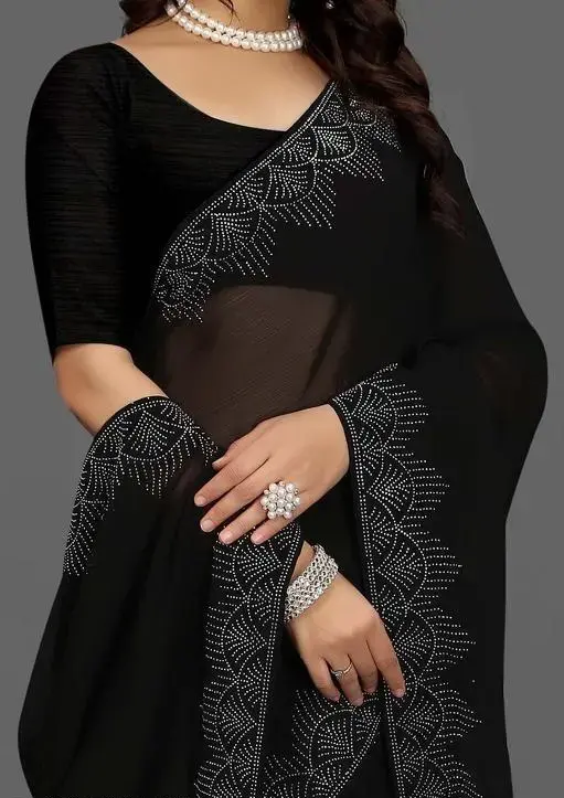 Diamond & Hotfix Stone Work Georgette Black Saree with Blouse Piece – Bollywood Lace Border Party & Wedding Wear