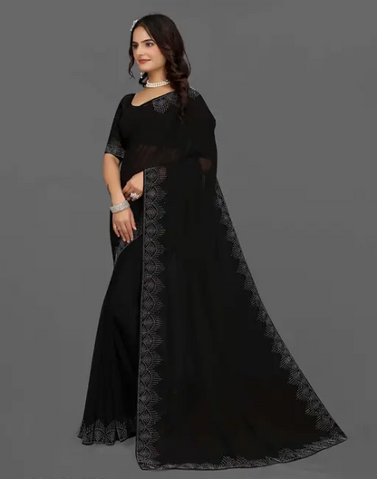 Diamond & Hotfix Stone Work Georgette Black Saree with Blouse Piece – Bollywood Lace Border Party & Wedding Wear