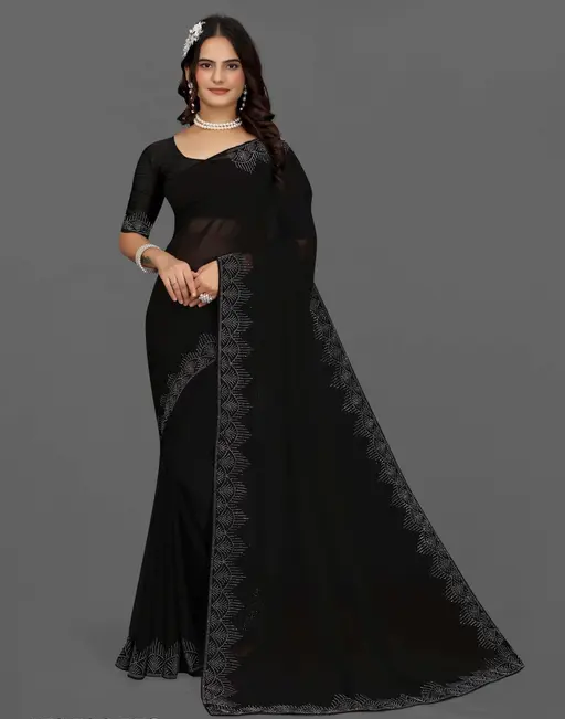 Diamond & Hotfix Stone Work Georgette Black Saree with Blouse Piece – Bollywood Lace Border Party & Wedding Wear