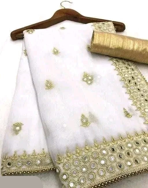 Elegant Georgette Mirror Work White Saree for Women – Festive & Party Wear Saree with Blouse Piece