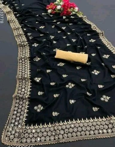 Elegant Georgette Mirror Work Black Saree for Women – Festive & Party Wear Saree with Blouse Piece (Copy)
