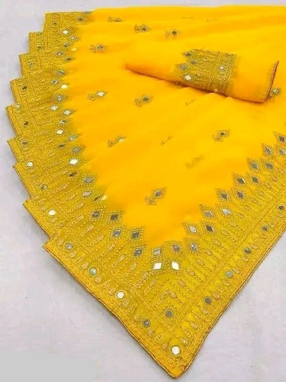 Designer Embroidered Mirror Work Saree for Women – Elegant Festive & Party Wear Saree with Blouse Piece