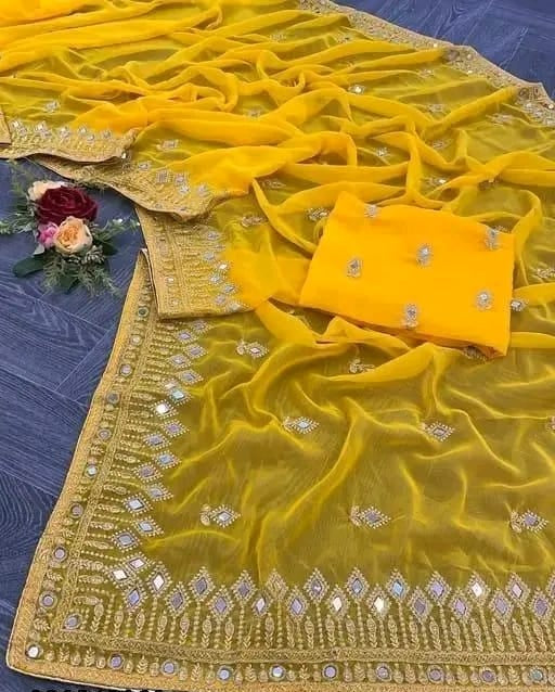 Designer Embroidered Mirror Work Saree for Women – Elegant Festive & Party Wear Saree with Blouse Piece