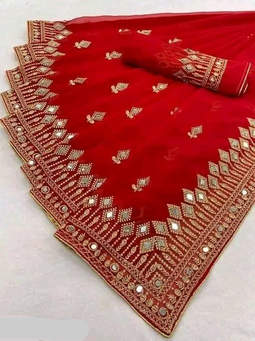 Designer Embroidered Mirror Work Maroon Saree for Women – Elegant Festive & Party Wear Saree with Blouse Piece